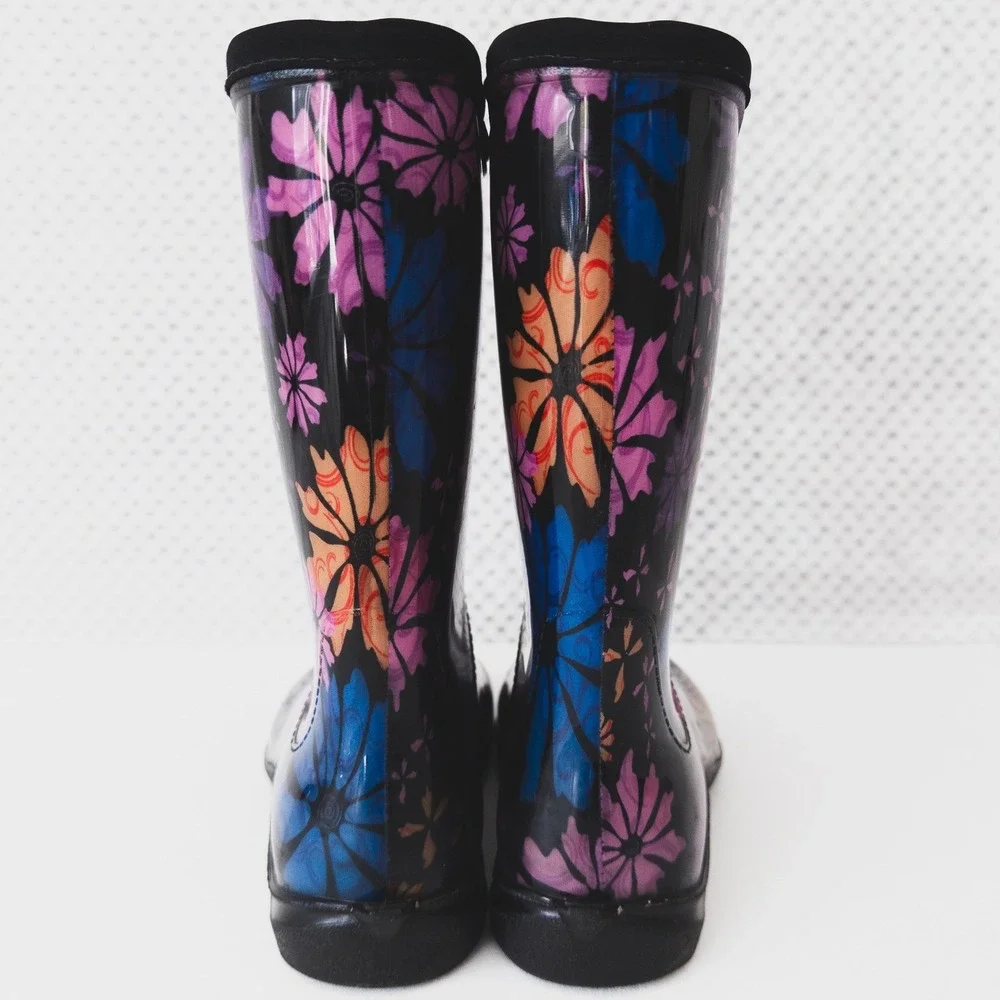 Sloggers‎ Rain Boots Women Size 7 Black Floral Waterproof Garden Mid Calf Boots